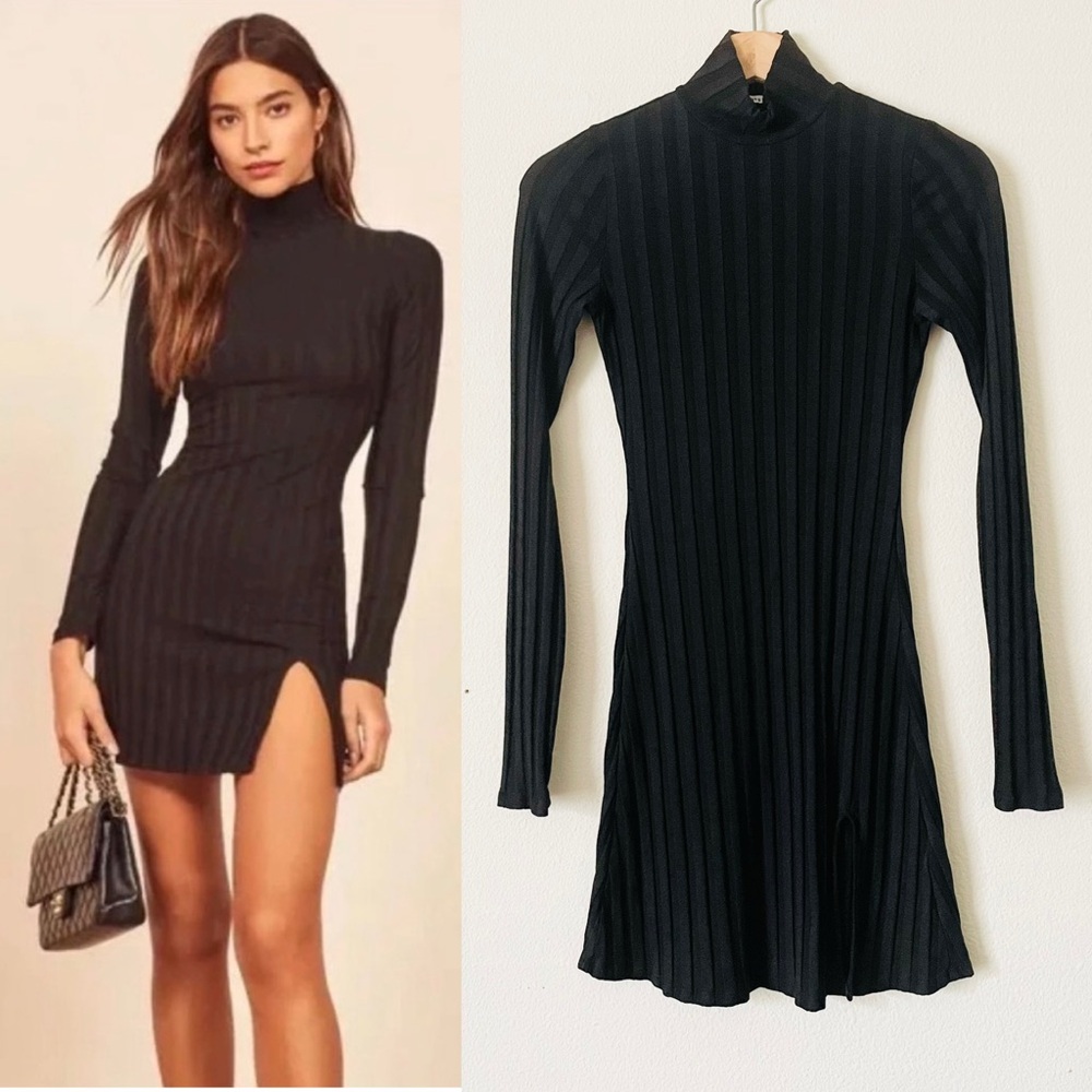 Reformation XS Libra black knit ribbed long sleeve mini slit hem dress